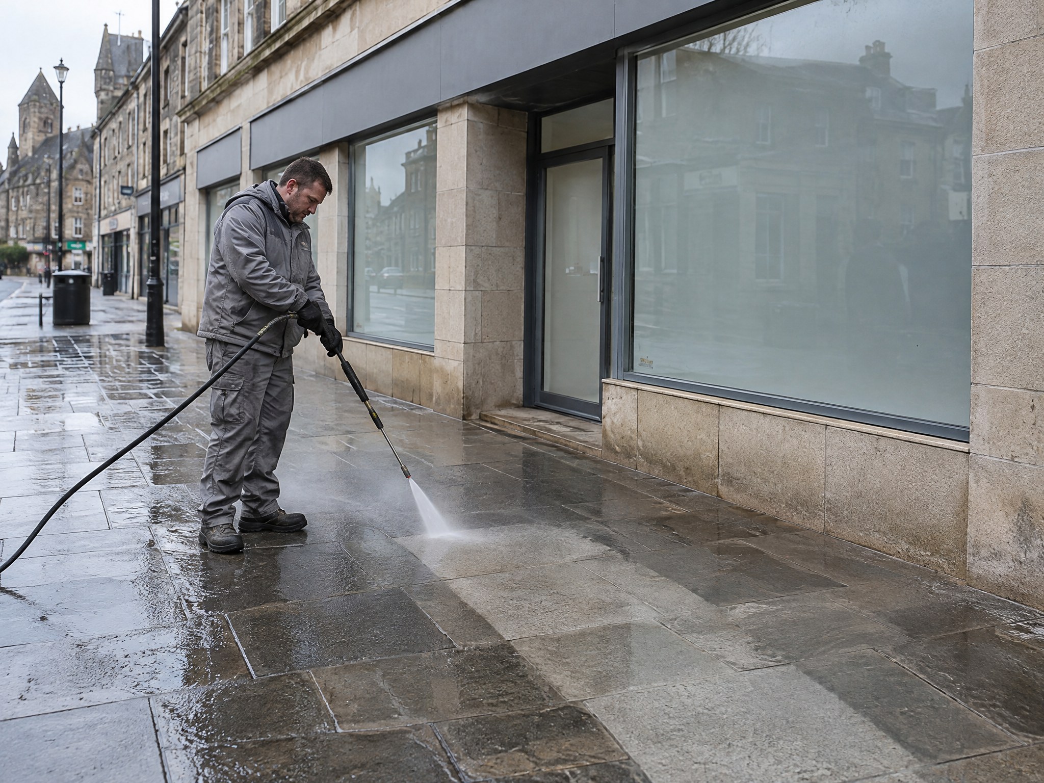 Worker pressure washing paving outside a commercial building