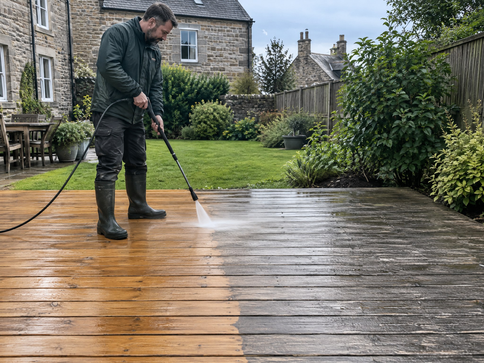 Pressure washing timber decking in a UK back garden