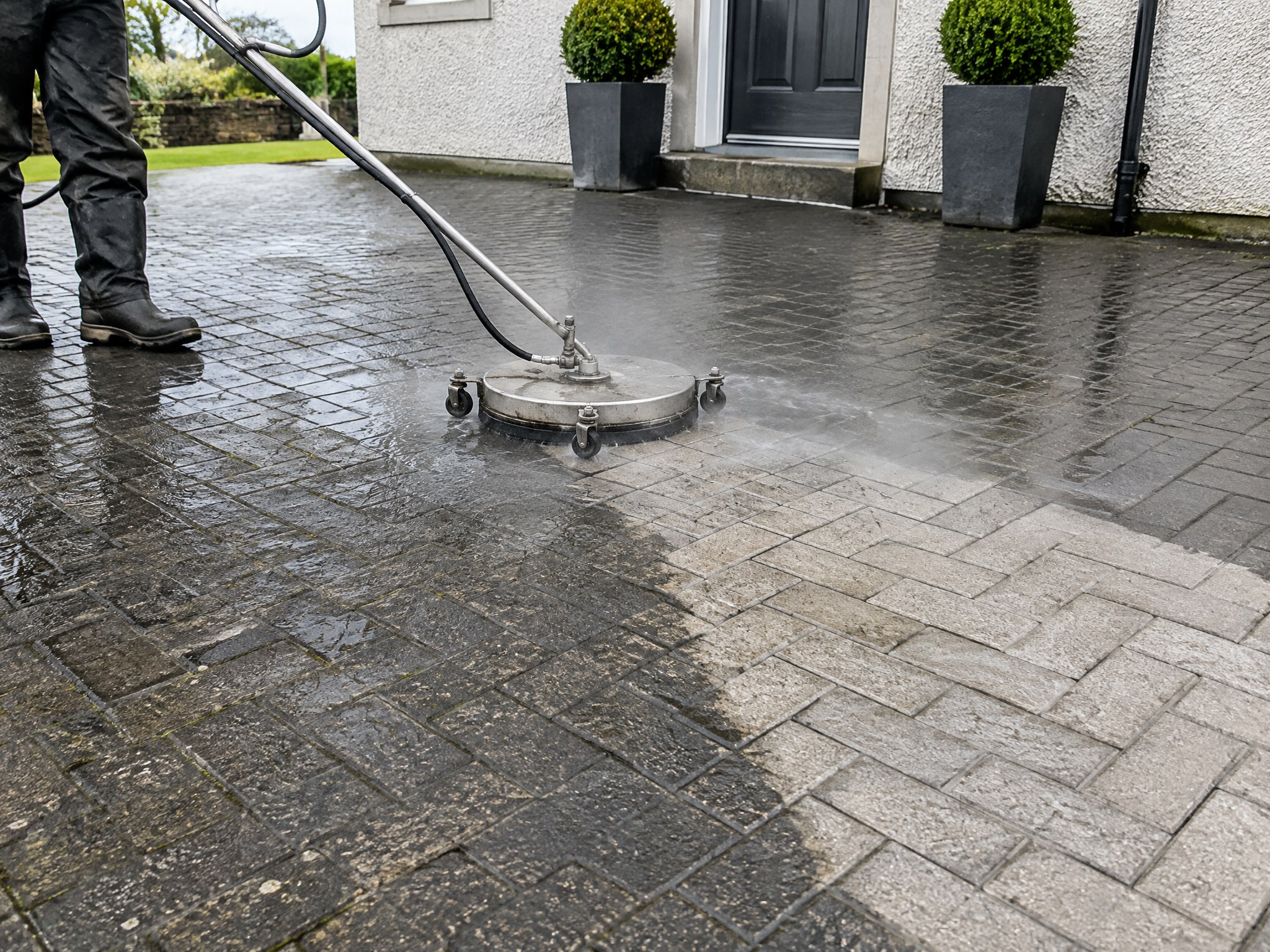 Surface cleaner leaving a clean stripe on a block-paved UK driveway