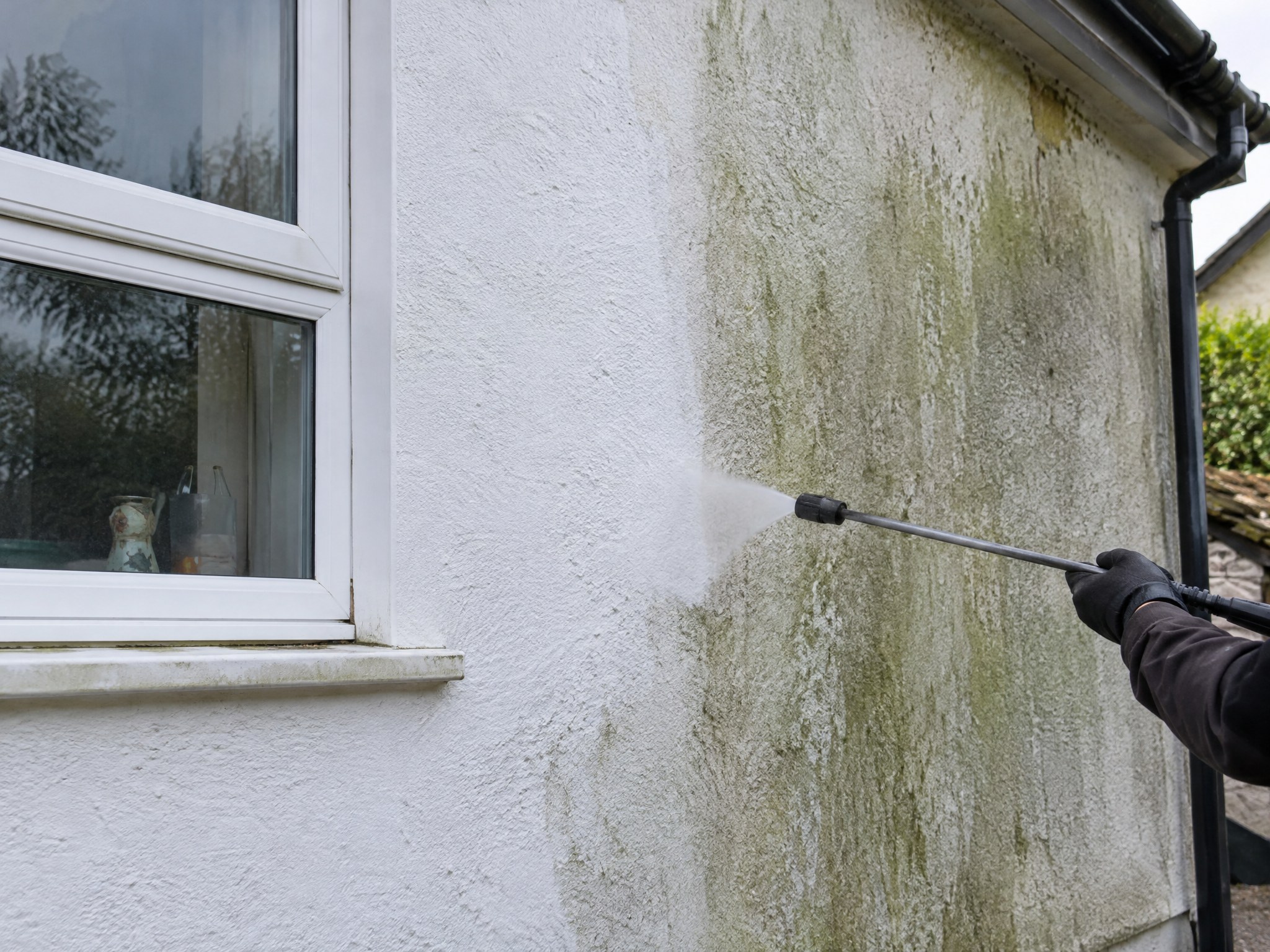 Soft washing green algae off white render on a UK house